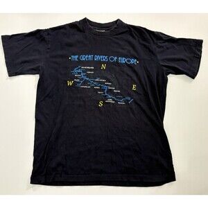 Vintage Large Rivers Of Europe Map T-shirt Navy Blue Sz L